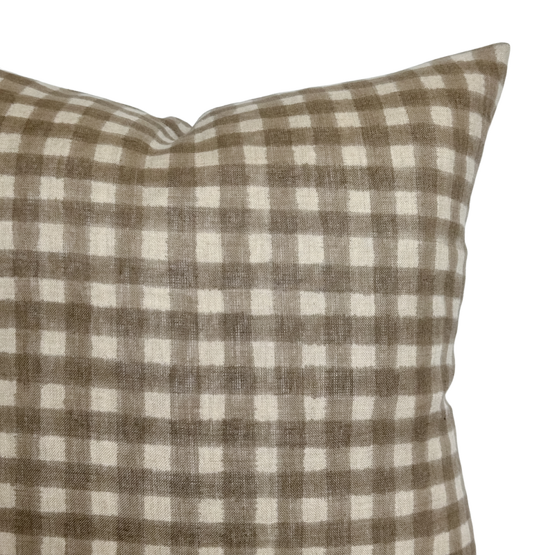 Evan | Soft Brown Gingham Handblock Pillow Cover