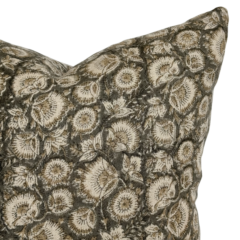 Jordan | Charcoal Tan Floral Handblock Pillow Cover