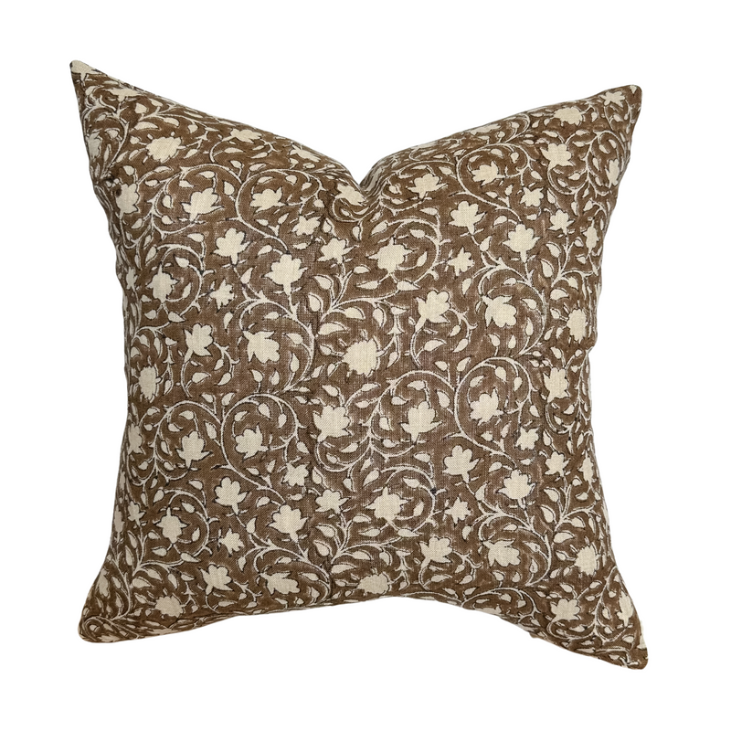 Murphy | Deep Brown Floral Handblock Pillow Cover