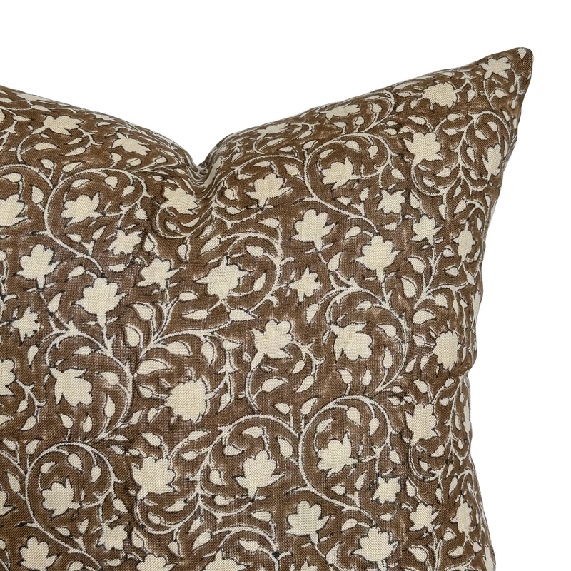 Murphy | Deep Brown Floral Handblock Pillow Cover